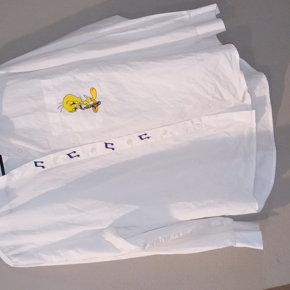 Looney Tunes Tweety Bird Saxophone Music Button Up Shirt White Medium Vintage 90 - Picture 1 of 8